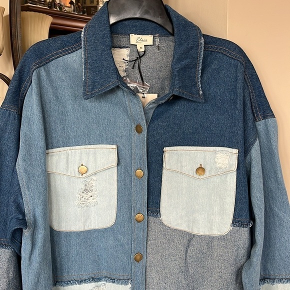 Brand New ELAN Patchwork Jacket Denim Button Up Jean Shacket Distressed Frayed - Picture 7 of 14